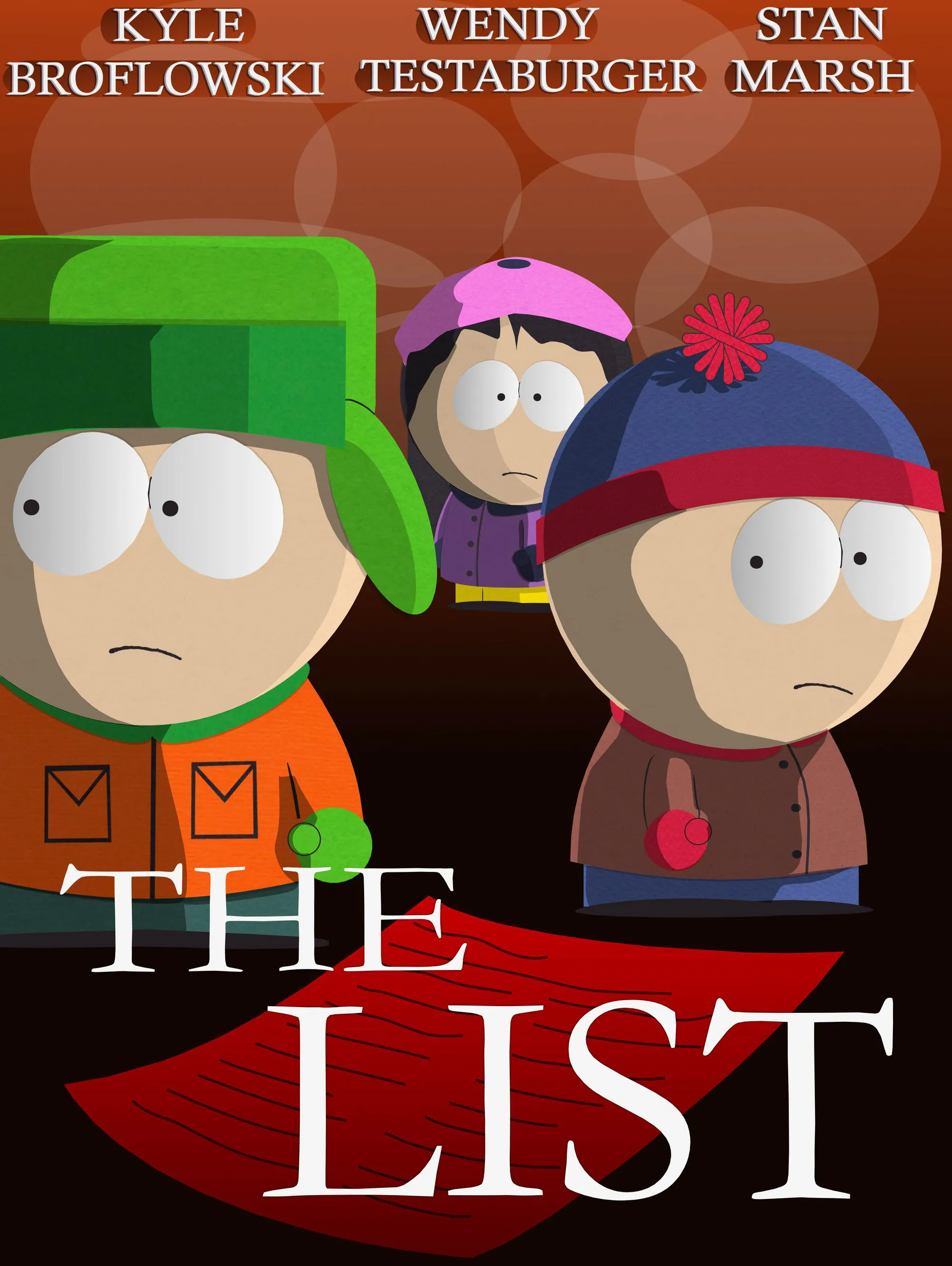 Kyle, Wendy, and Stan in artwork for South Park’s “The List”.
